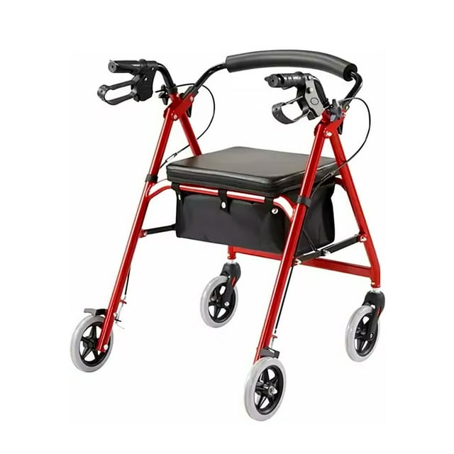 Andadera Ortopedica 2 En 1 Multifuncional Rojo Marthing Andador y Asiento Con Ruedas y Frenos Andadera Plegable Para Adulto Mayor, Segura Comoda y Practica, Apoyo Silla Ruedas Todo Terreno Rojo