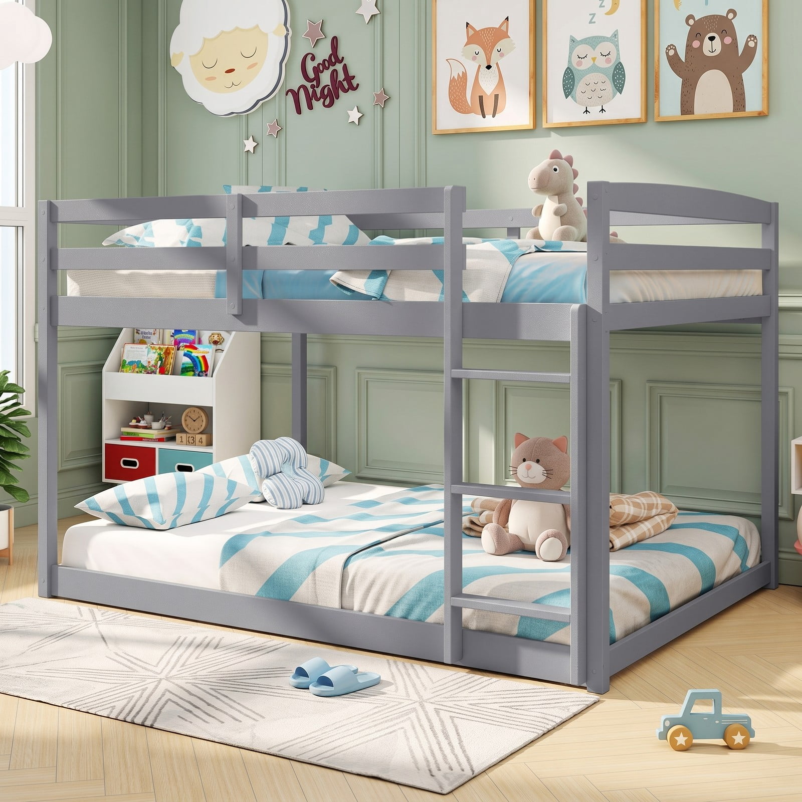 Furnibear Full Over Full Low-to-ground Wood Bunk Bed with Guardrails and Integrated Ladder for Kids and Shared Rooms, Gray