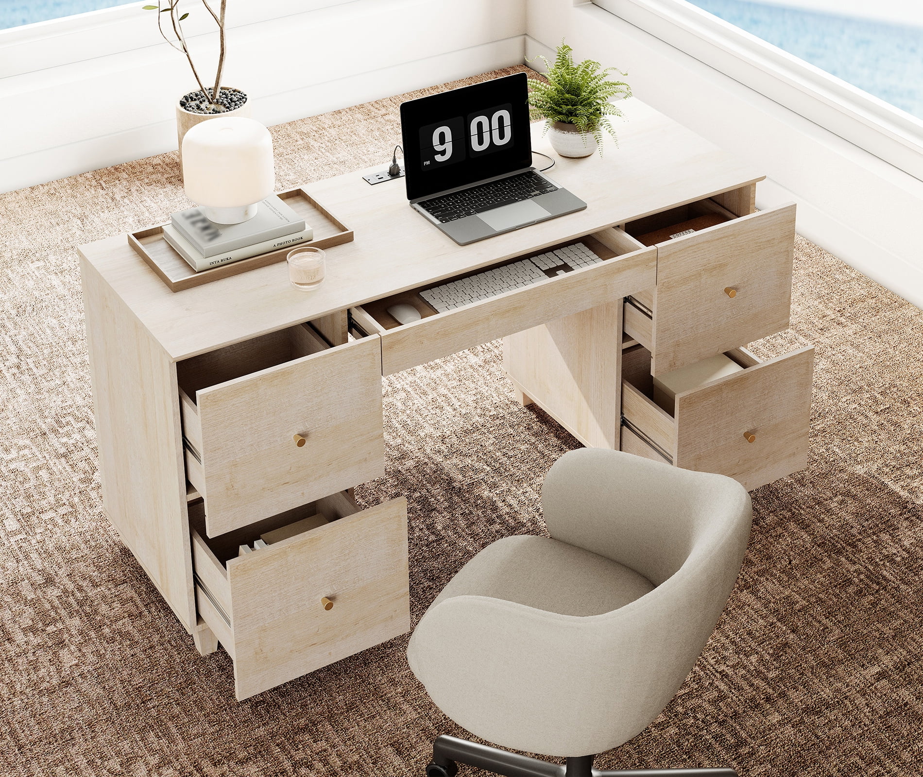 WAMPAT Home Office Furniture Set, 58" Executive Desk with Charging Station and Drawers,3-Column 71" Tall Bookcase with Doors and Adjustable Shelves for Living Room, Natural Oak