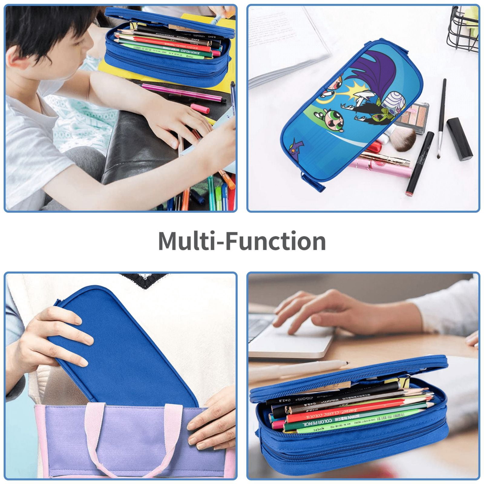 The Powerpuff Gi-rls Pencil Case Large Capacity Pencil Pouch Penbag Office Stationery Organizer Travel Makeup Bag Blue