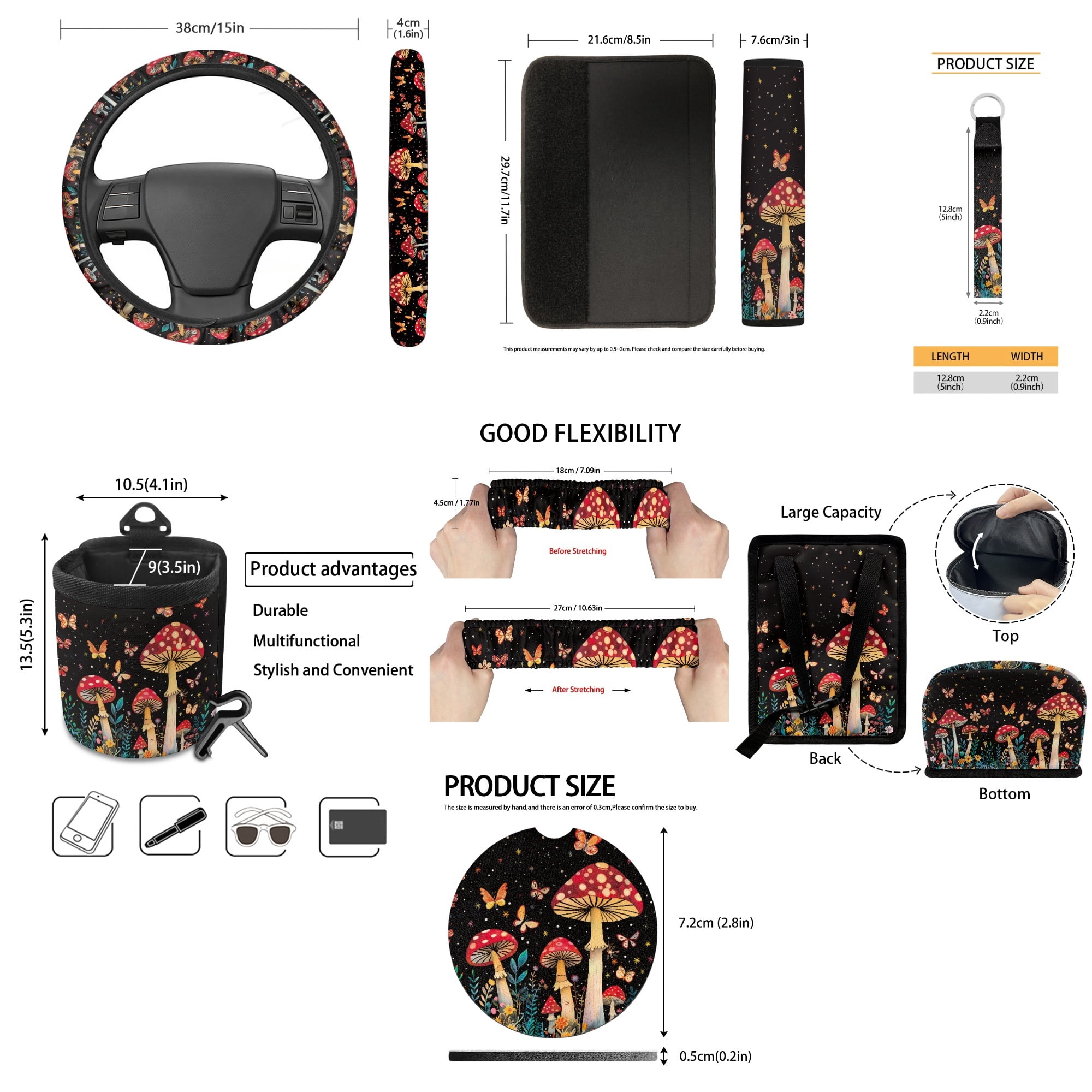 Yuyamidu Aesthetic Mushroom Car Seat Cover Set with Steering Wheel Cover Safe Belt Pads Cup Holder Rear View Mirror Cover Keychain Butterfly Gabage Bin Auto Cup Mat Air Vent Storage Bag 15 Pack