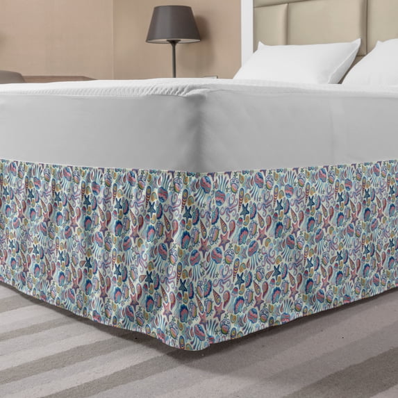 Sea Animal Bed Skirt, Starfish Shells Crab Octopus Colorful Art Inspired by Aquatic Wildlife, Elastic Bedskirt Dust Ruffle Wrap Around for Bedding Decor, 4 Sizes, Multicolor, by Ambesonne