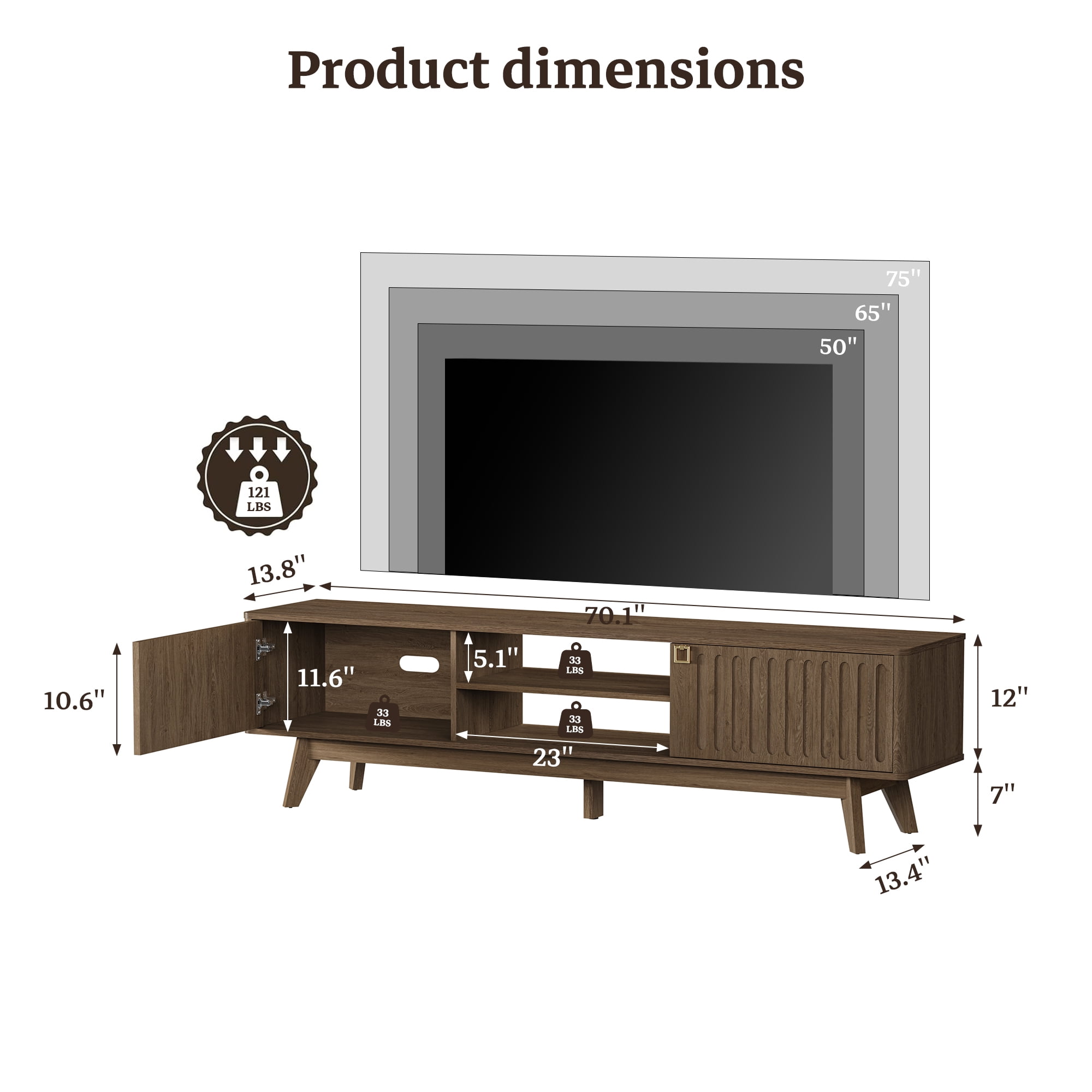 SICOTAS 70.1" Extra Long Modern TV Stand, Minimalist Console Table with 2 Fluted Doors, 3-Tier Storage Shelves, Long Entertainment Center for Living Room, Coffee Oak