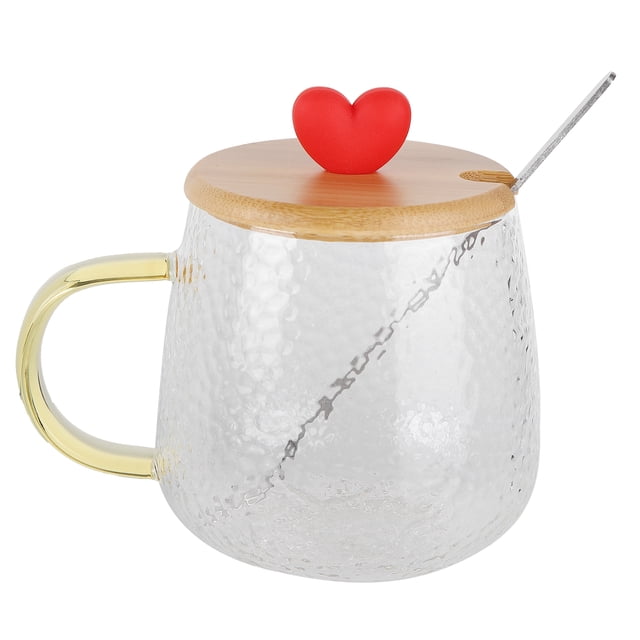 Bonita taza de vidrio de borosilicato de 400 ml, resistente al calor, con cuchara de acero inoxidable y tapa de bambú (Amor)