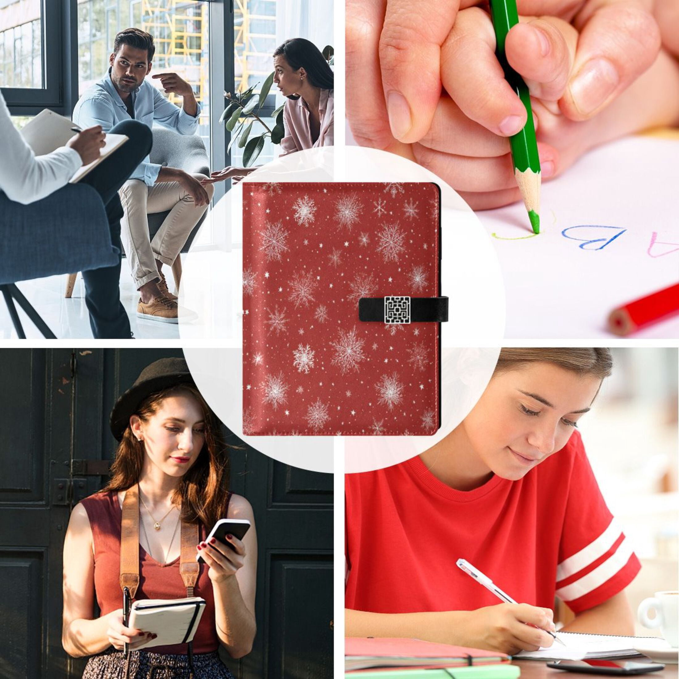 Leather Planner Leather Notebook Notebook Journal Binder Design Pen Pocket Design Convenient for Storage White Snowflakes and Stars