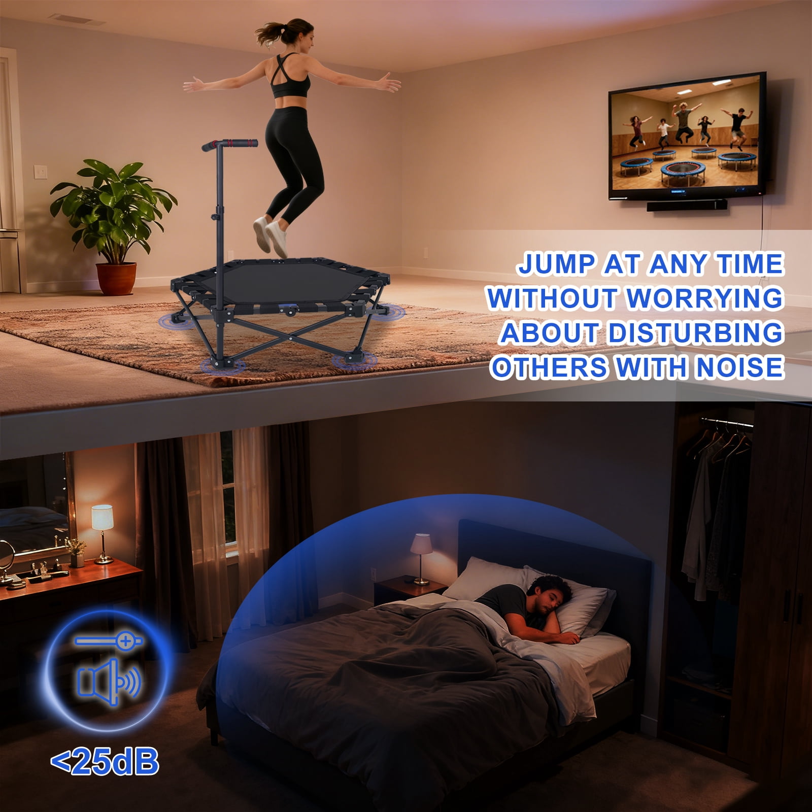 HooKung 37" Foldable Mini Trampoline, One-Step Fold & Open, Rebounder Trampoline for Adults, 330lbs Max Load, 3-Level Adjustable T-Bar, Indoor & Outdoor Workout