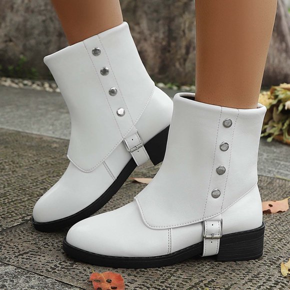 Fankiway Mid Calf Boots for Women Thick Heel Round Toe Metal Decor Fall Winter Fashion Boots Comfortable Casual Dress Boots White