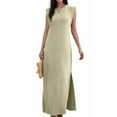 thumbnail image 2 of Women's Summer Maxi Dress Long Casual Loose Fit Round Neck Wrinkle-Free with Pockets Side Slit Khaki S, 2 of 9