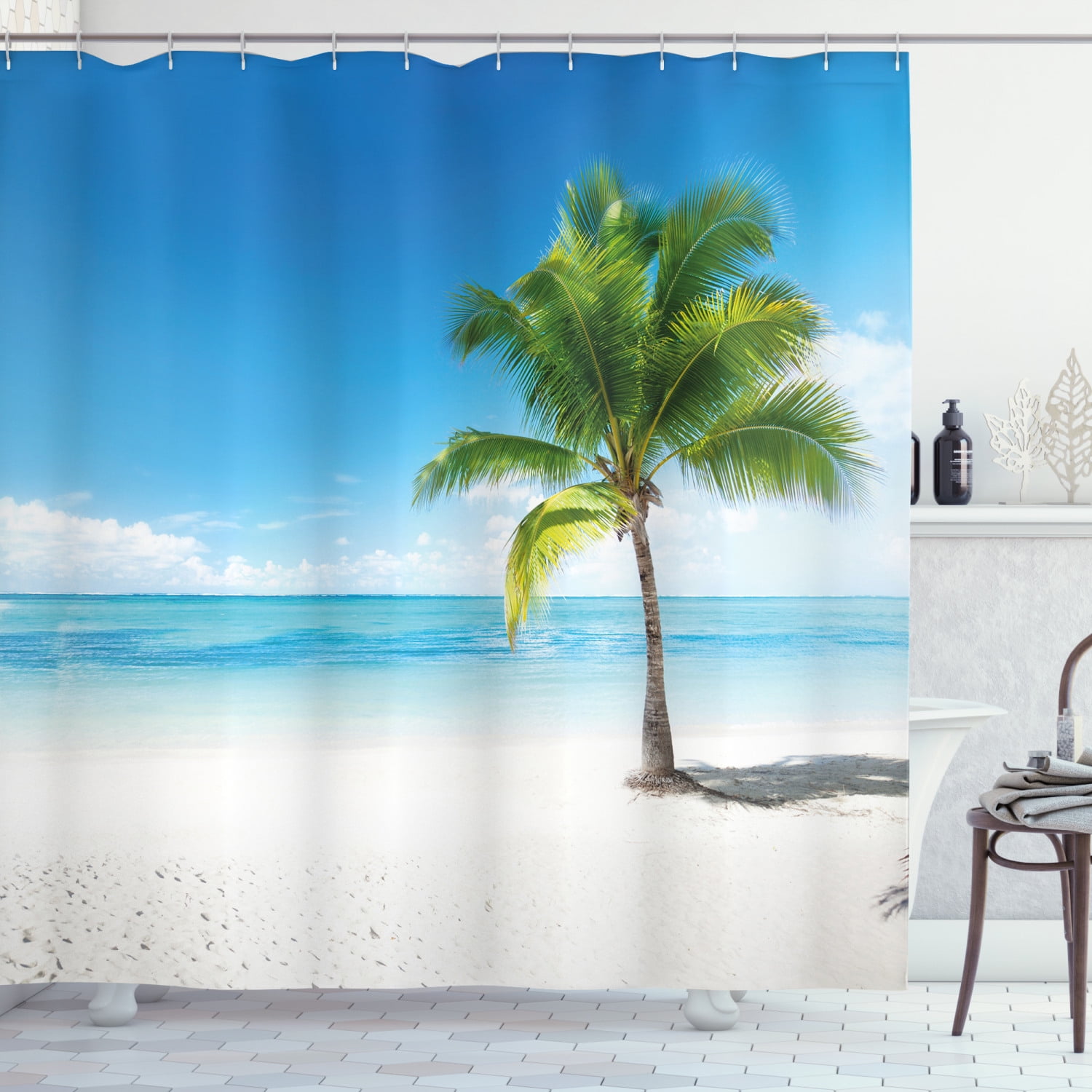 Beach Shower Curtain Tropical Seashore Palms Print for Bathroom 