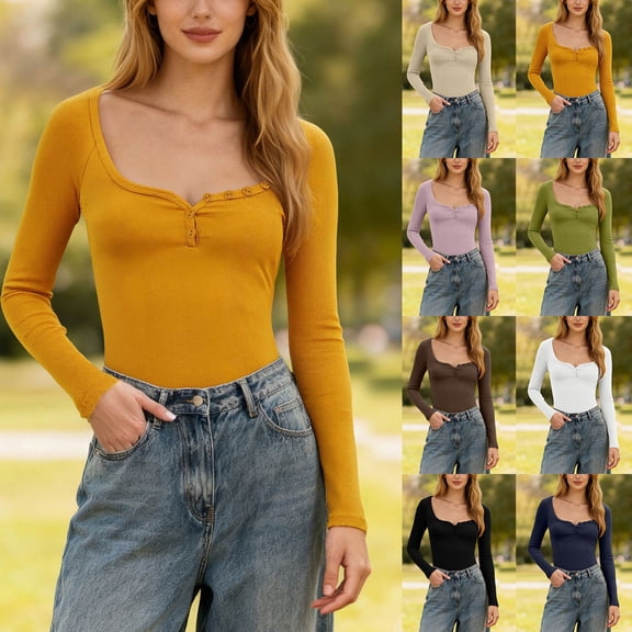 larppty Womens Tops Long Sleeve Henley Buttons Shirts Slim Fit Ribbed Knit Going Out Top Blouses Early Fall Fashion（Brown，S）