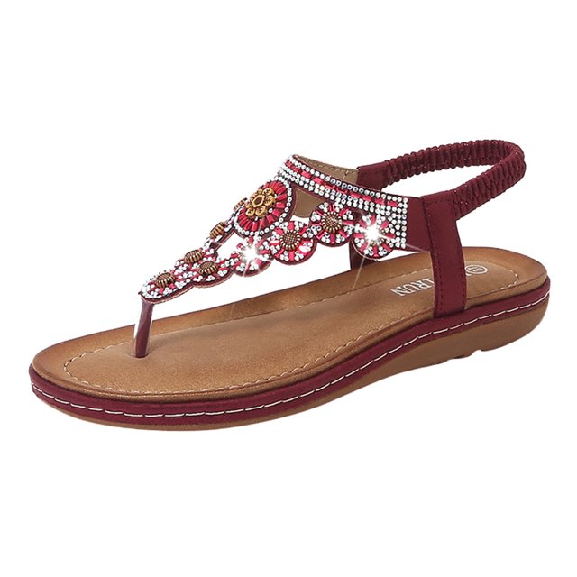 Summer Women's Sandals Ladies Strap Flat Comfort Open Toe Elastic Ankle Strap Boho Rhinestone Roman Dress Shoes