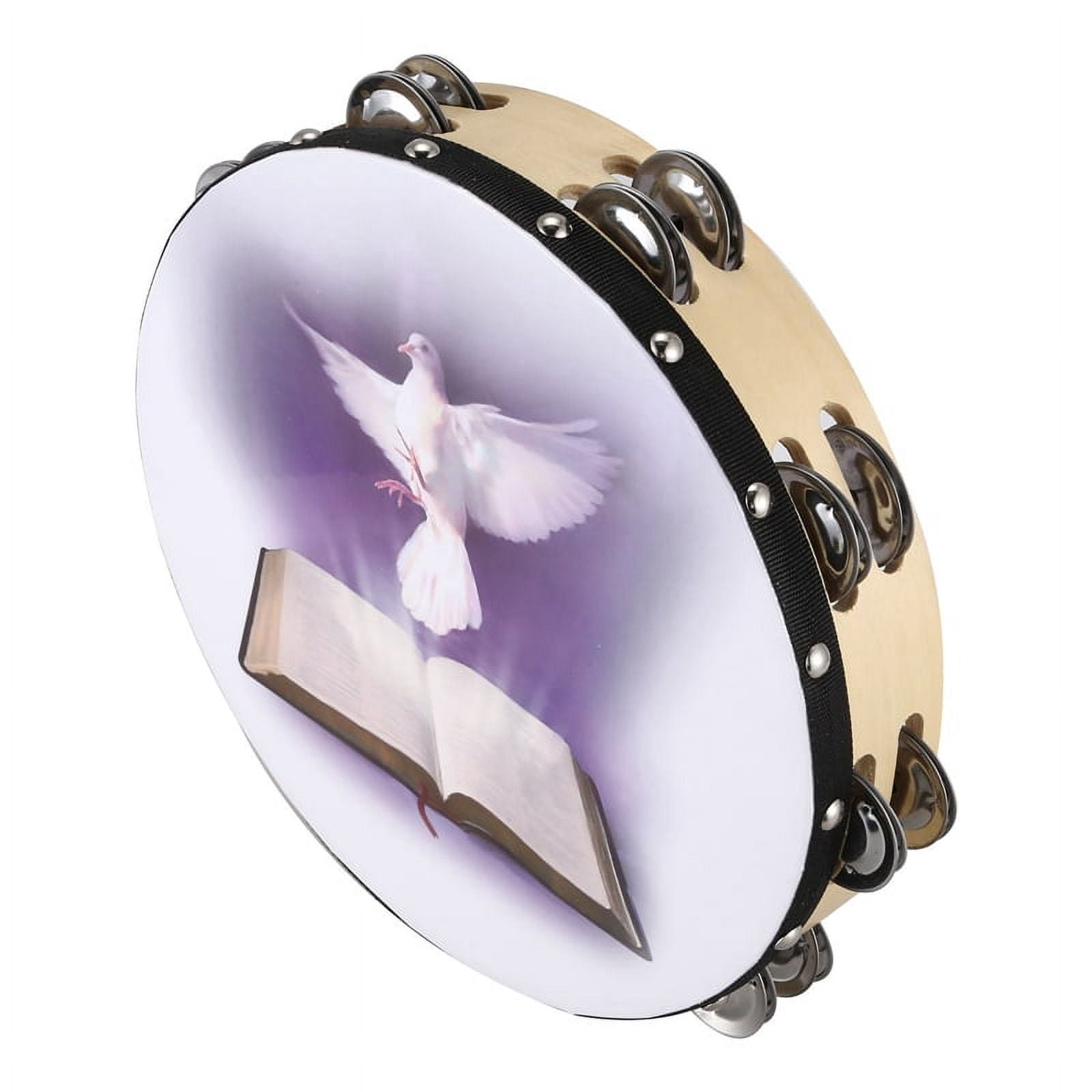 10 Inch Wooden Tambourine Pigeon Bible Music Percussion Instrument Tambourine Double Tambourine Row Jingle Percussion Instrument for Church