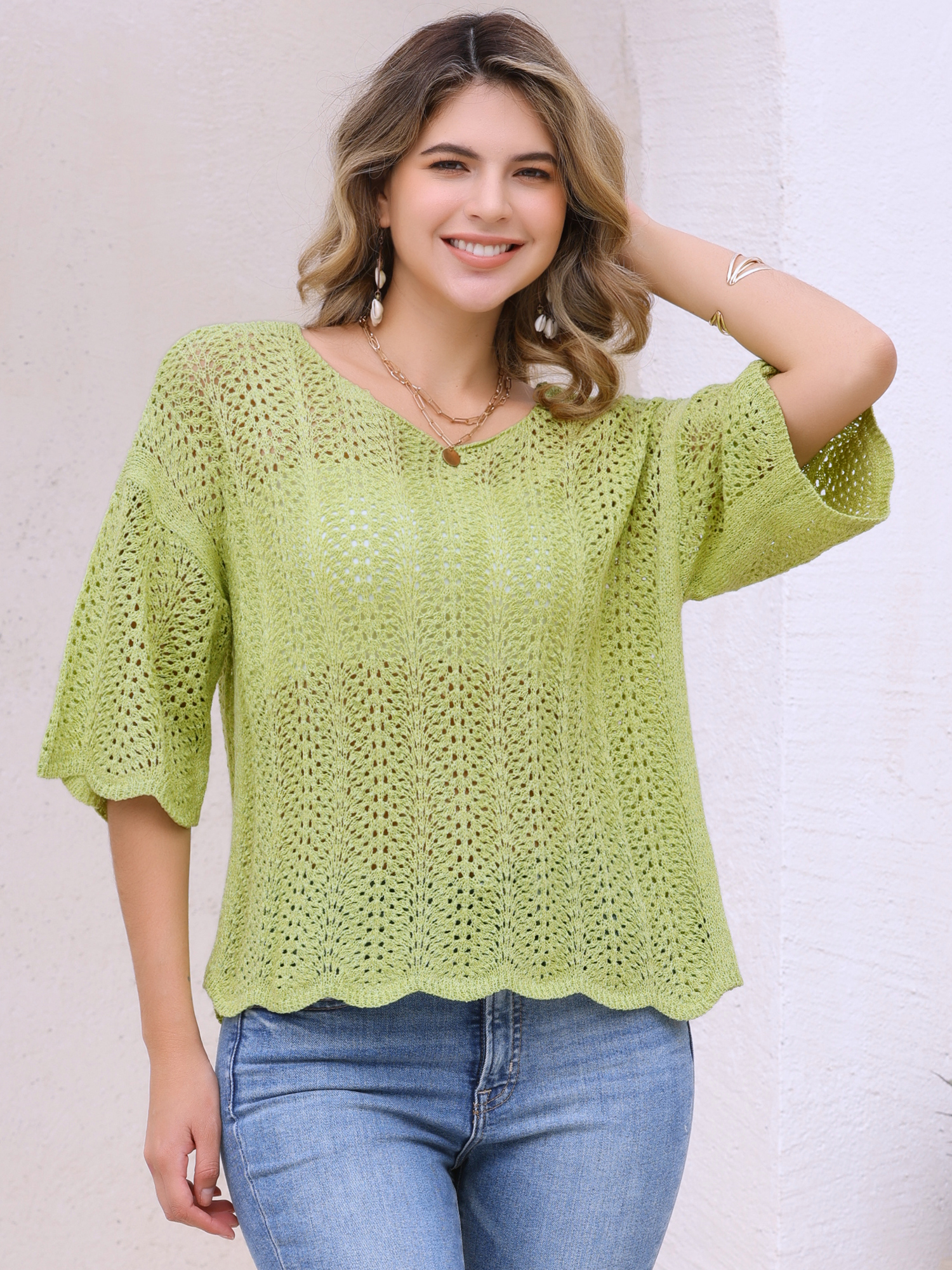 DARING DIVA Women's Crochet Hollow Out Knit Half Sleeve Cover Up Top L Mustard Green