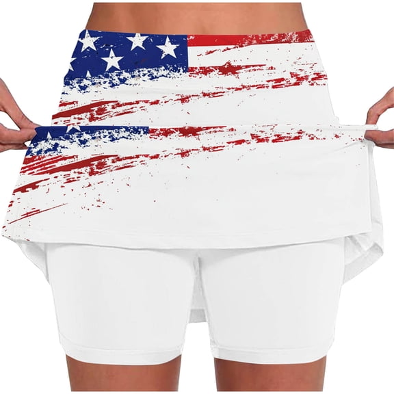 Noric Women's 2 in 1 High Waisted Athletic Skort 4th of July Print Built in Leggings Tummy Control Yoga Running Sports Gym Workout Shorts