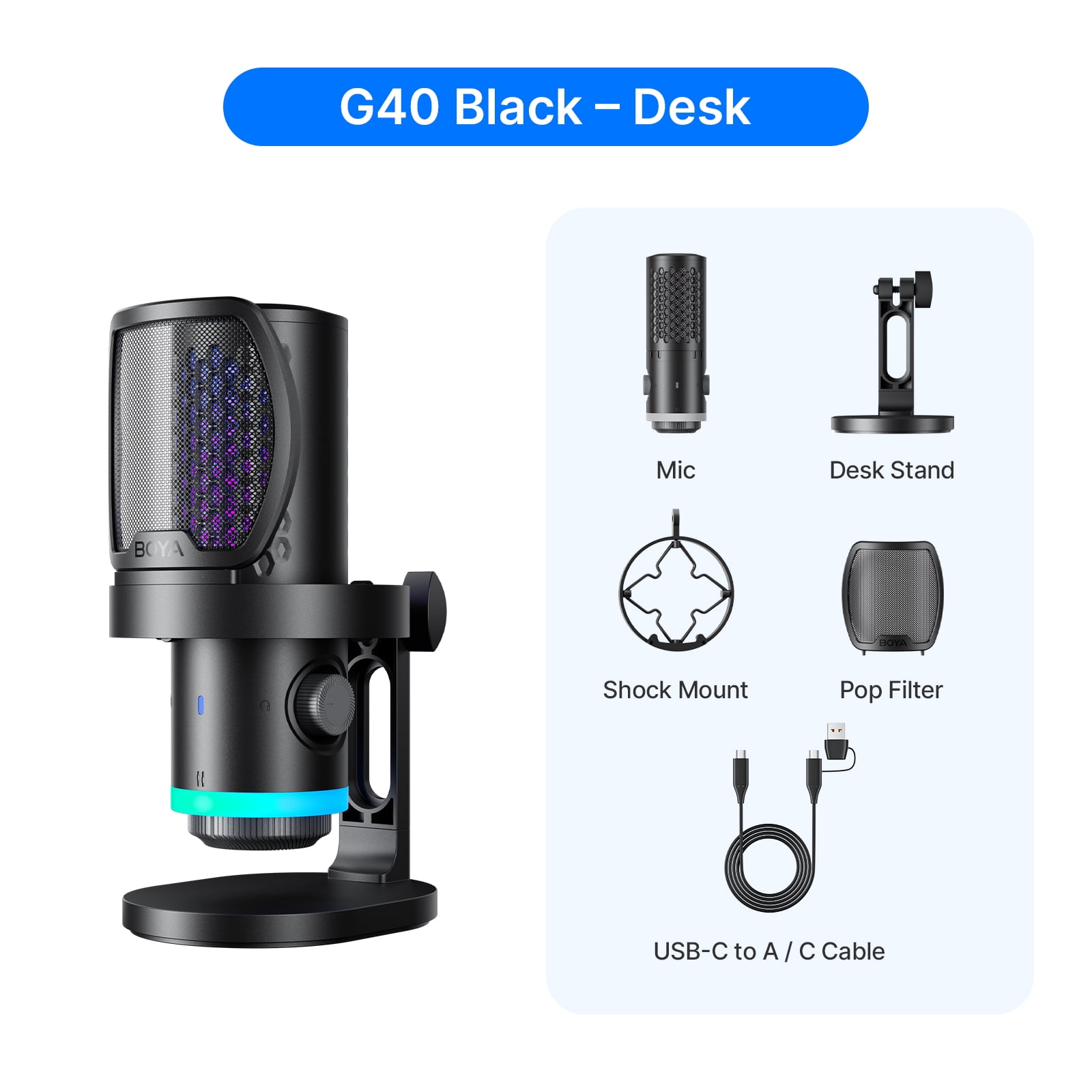 BOYA USB Gaming Microphone for PC, Mac, Phone, Streaming, Built-in DSP Quadruple Noise Reduction, CD Sound Quality, 9 RGB, (Desktop Stand)