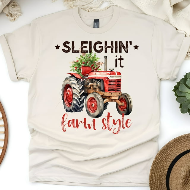 Sleighin’ It Farm Style Shirt | Red Tractor Country Christmas Tee, Natural, Size S