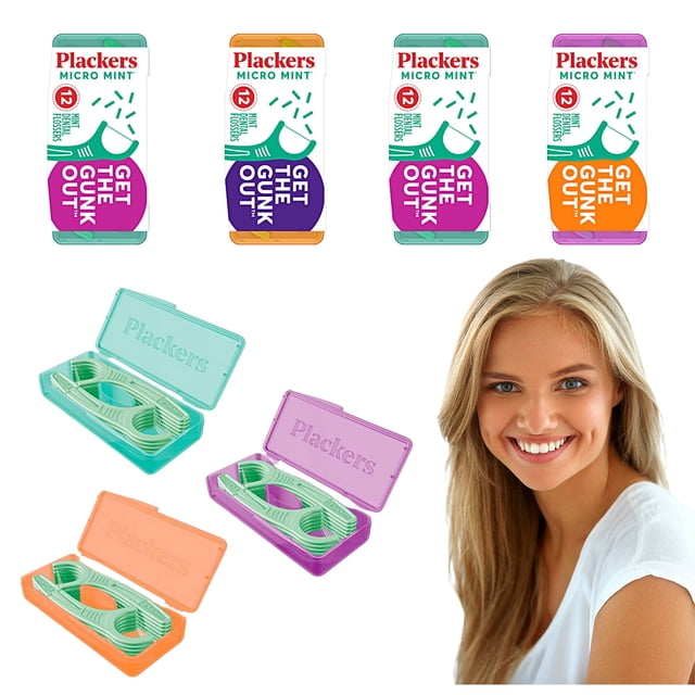 Plackers Micro hilo dental de 12 unidades con estuche de viaje, color menta, paquete de 4