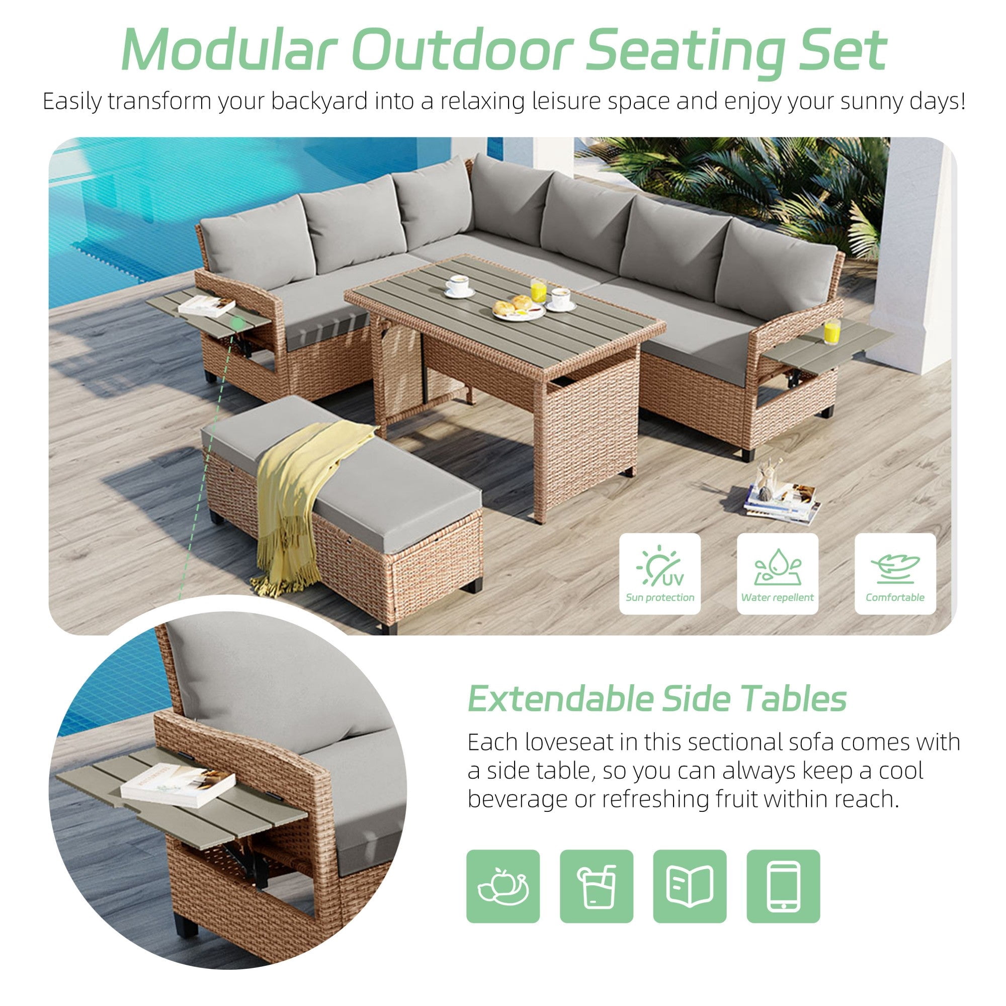 Sailvan 5-Piece Outdoor Patio Rattan Sofa Set - Sectional PE Wicker L-Shaped Garden Furniture with Dining Table & 2 Extendable Side Tables Brown