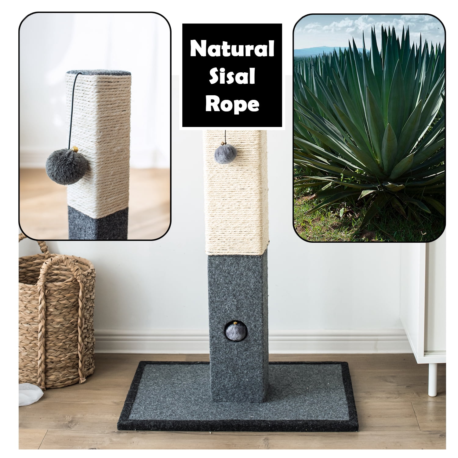 "Catry 32"" Large Gray & White Modern Sisal Scratching Post with Fleece and Rope"