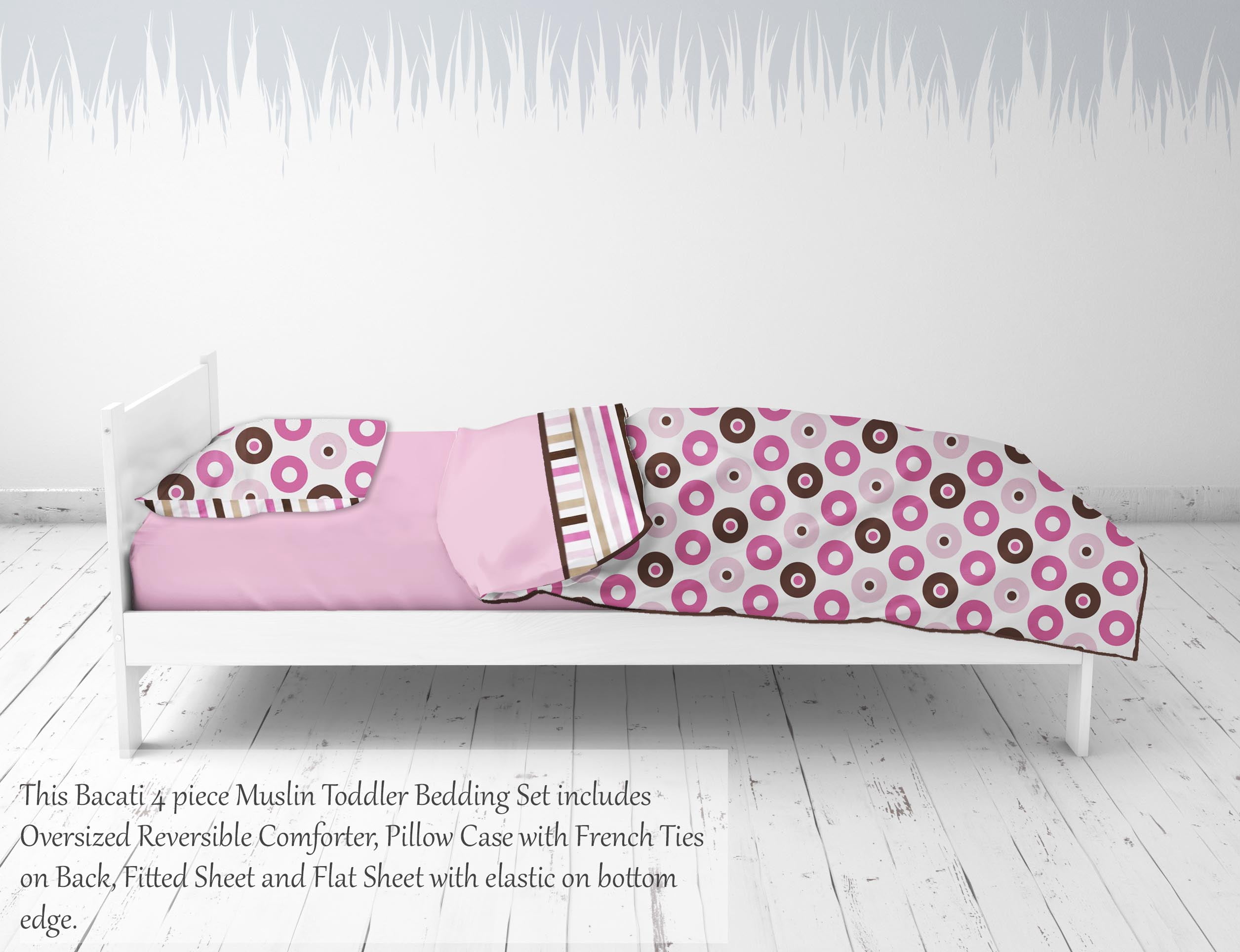 Bacati - Mod Dots/Stripes 4-Piece Toddler Bedding set 100% Cotton percale, Pink/Chocolate