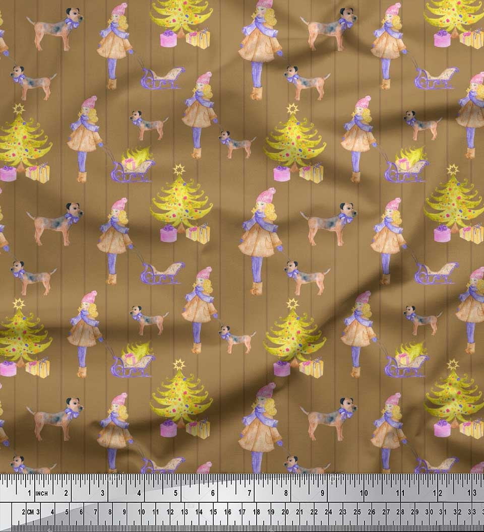 Soimoi Brown polyester Crepe Fabric Women,Gift Box & Tree Christmas Fabric Prints By Yard 42 Inch Wide