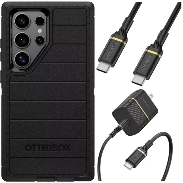 OtterBox Samsung Galaxy S24 Ultra (Only) - Defender Series Pro Case - Black - Case Only - Screenless - Rugged & Durable - with Port Protection - USB-C to USB-C Wall Charging Kit, 20W.
