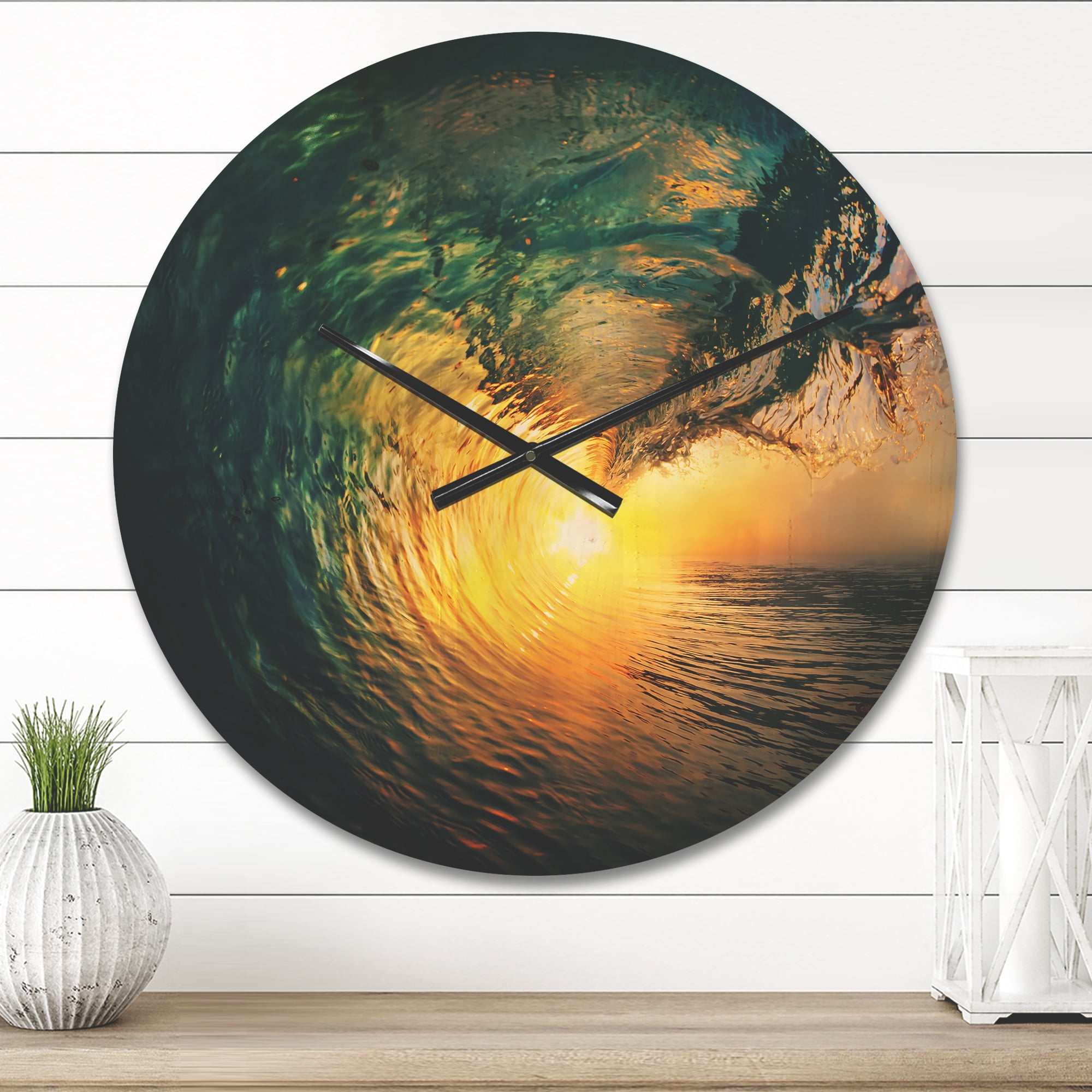 Designart 'Colored Ocean Waves Falling Down At Sunset VI' Coastal Wood Wall Clock