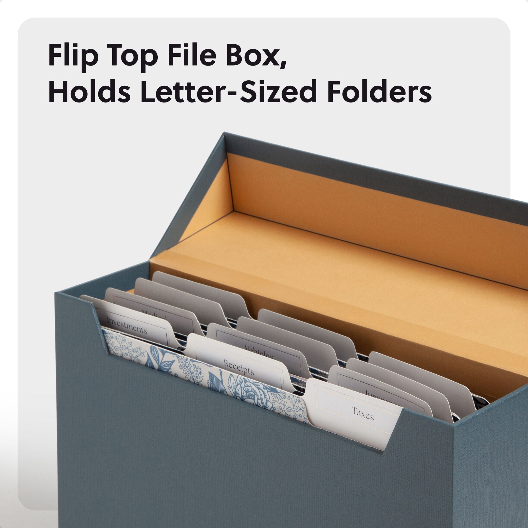 U Brands Flip Top File and Storage Box, 9.4 x 3.7 x 13 in., Dusk, Gold Metal Nameplate