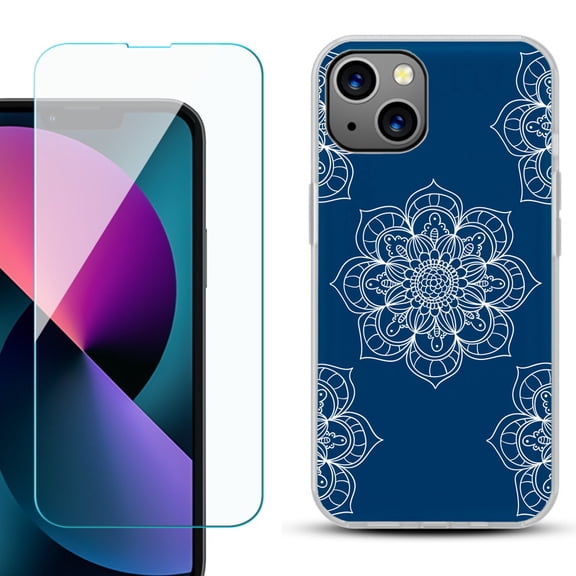 Slim-Fit Gel TPU Phone Case for iPhone 13 Mini, with Tempered Glass Screen Protector, by OneToughShield ® - Mandala / Blue