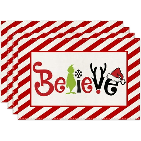 

JOOCAR Christmas Placemats 18x12 Inch Red and White Twill Grinch Santa Hat Snowflake Antlers Believe Christmas Placemats for Home Table Holiday Decoration Rectangular Placemats Set of 4