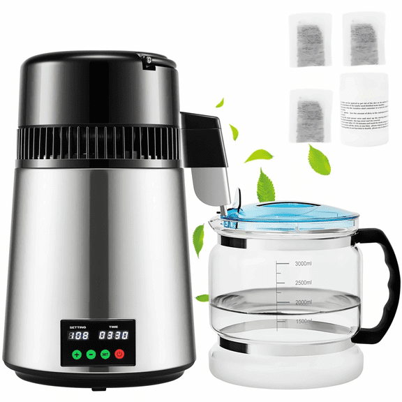 1.1 Gal Water Distiller, 750W Stainless Steel Distilled Water Machine, 0.3 Gal/H, Timing & Temp Control, Glass Carafe, for Home & Office