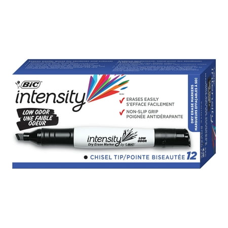 BIC Intensity Low Odor Dry Erase Marker, Tank Style, Chisel Tip, Black, 12