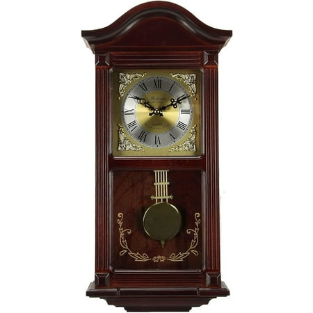 Bedford Clock Collection BED1423MAH Small Wood Wall Clock with Brass Pendulum and 4 Chimes, 22 Inch, Mahogany Cherry Oak