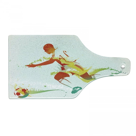 Teen Room Cutting Board, Young Man Playing Soccer Football Athlete Game Win Champion Paintbrush Art, Decorative Tempered Glass Cutting and Serving Board, Wine Bottle Shape, Multicolor, by Ambesonne