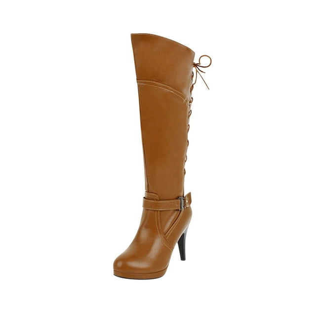 Womens Winter Belt Buckle Side Zipper Warm Waterproof Platform Super High Heel Strap High Boots