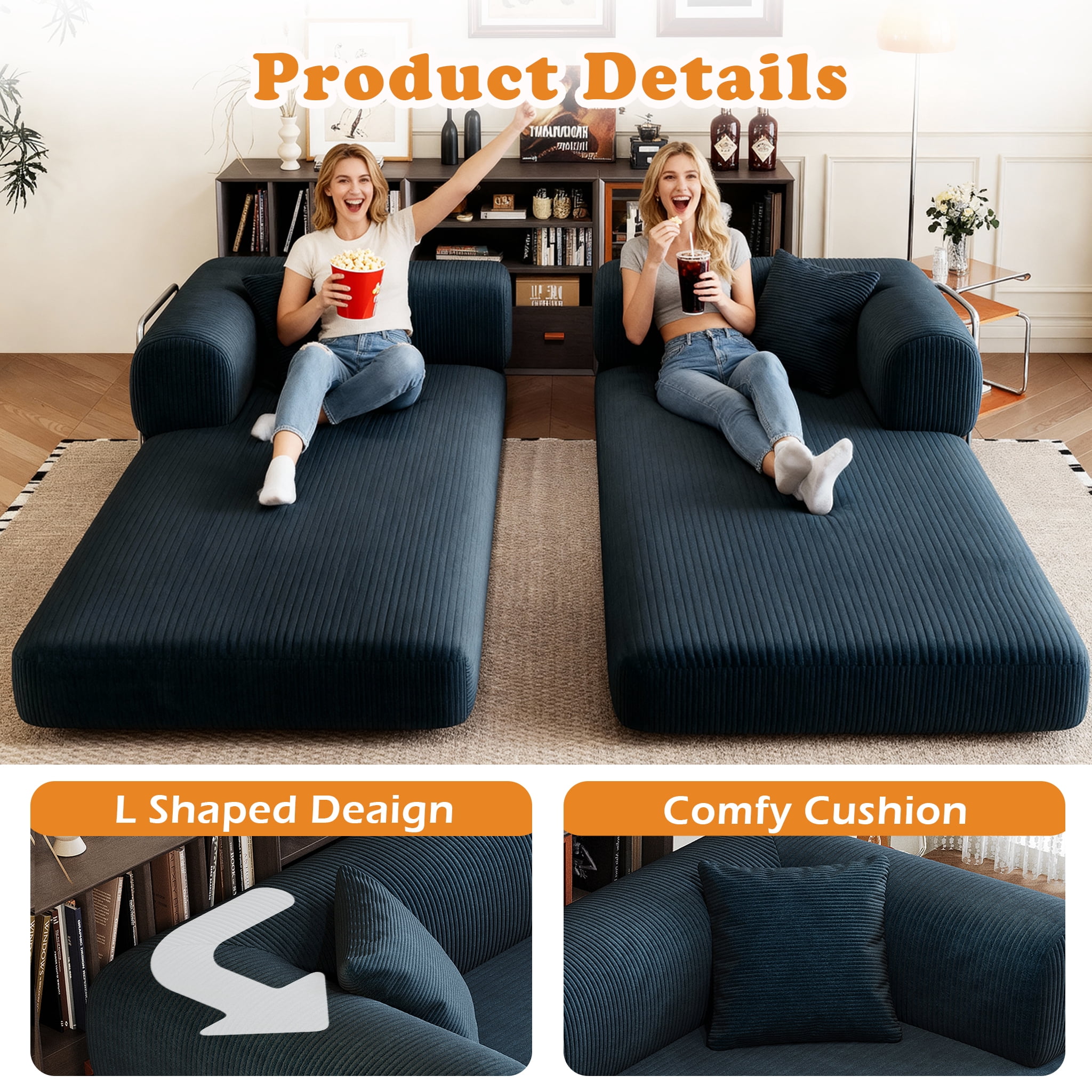 Eyisean 78.8" Corduroy Convertible Sofa Bed with Stainless Fixed-Shape Frame, 4-in-1 Boneless Loveseat with Pull-Out Bed, Lounge Futon Sofa Couch Floor Mattress for Living Room, No Assembly Required