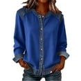 thumbnail image 2 of Womens Sweatshirts,Womens Lapel Collar Solid Color Pullover Long Sleeve Denim Patchwork Button Soft Breathable Casual Daily Wear Sweatshirt Blue Xl, 2 of 7