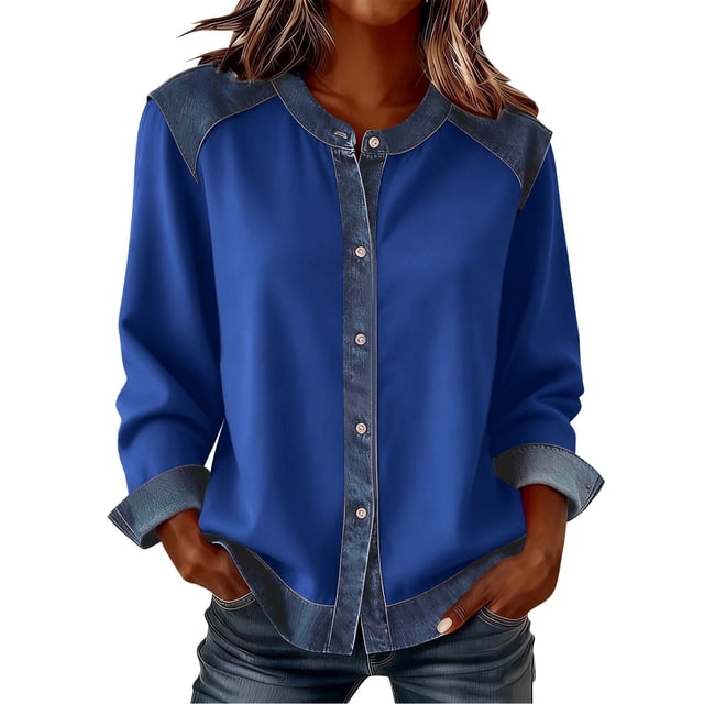 Women's Cardigan, Button Up Denim Patchwork Jacket, Long Sleeve Casual Shacket, Solid Color Loose Fit Top for Daily Wear, Layered Spring and Winter Outfits