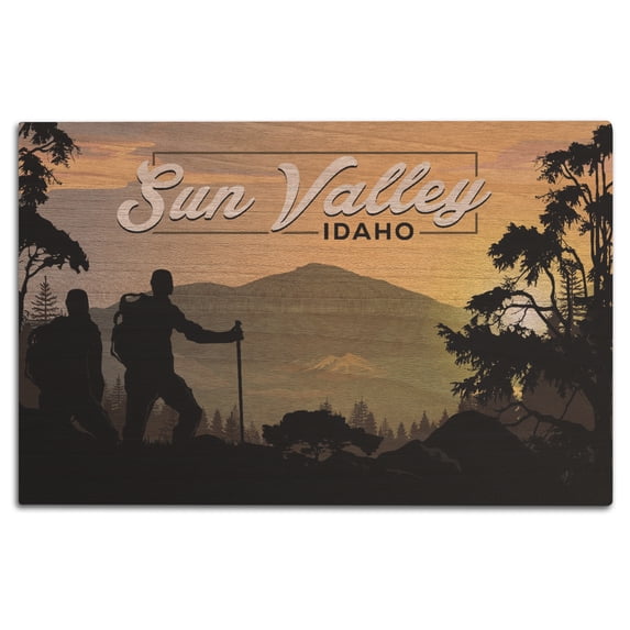 Sun Valley, Idaho, Hiker and Mountain Scene Birch Wood Wall Sign (12x18 Rustic Home Decor, Ready to Hang Art)
