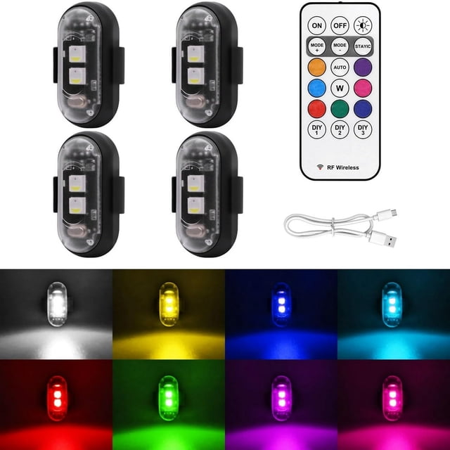 HLONK 4PCS Wireless LED Strobe Lights with Remote Control 8 Colors USB Charing Waterproof Anti-Collision Led Emergency Warning Lights for Car Motorcycle Drone Aircraft Bike