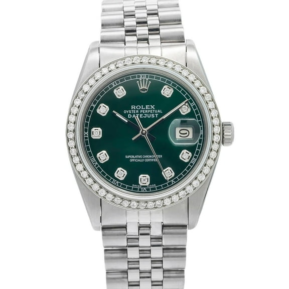 Pre-Owned Rolex Datejust 36MM 1601 Green Diamond Dial Diamond Bezel Stainless Steel Jubilee Bracelet