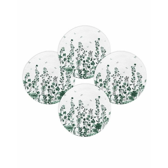 Round Placemats Set of 4 Green Floral Place Mats Washable Woven Placemat Watercolor Flower Dragonfly Circle Braided Table Mat for Kitchen Dining Table Party Home Decor 15 Inch