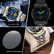 Mens Business Quartz Watch, Blue Dial Gold Tone, Stainless Steel Band, Waterproof Chronograph Wristwatch with Date