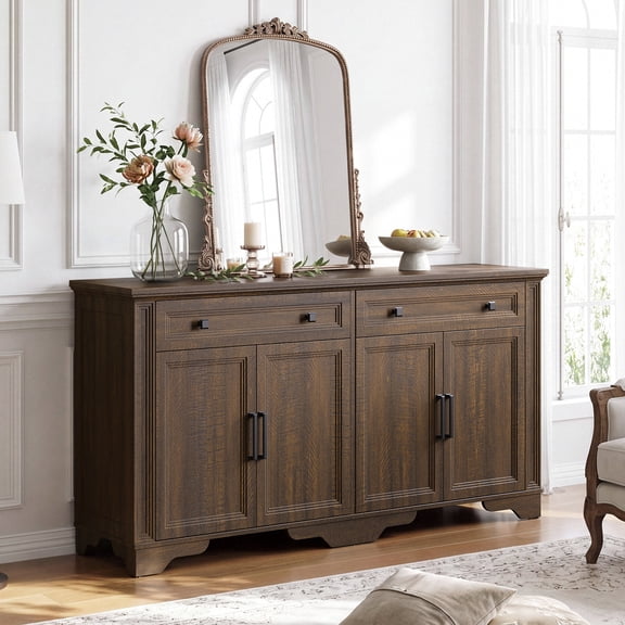 ROGALIS 63" Sideboard Buffet Cabinet with Drawers, Walnut Kitchen Buffet Storage Cabinet with 4 Doors, Wooden Storage Cabinet for Dining Room, Living Room & Hallway