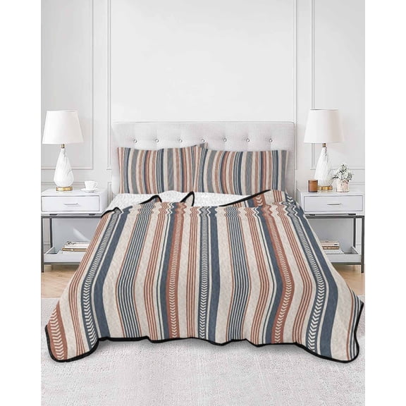 Quilts Queen Size, Red Blue Striped Soft Comforter Bedding Set for Bed, Boho Vintage Abstract Colorful Striped Lightweight Quilted Bedspread with Pillow Cover(2 Pieces) for All Season, 90x96 Inch