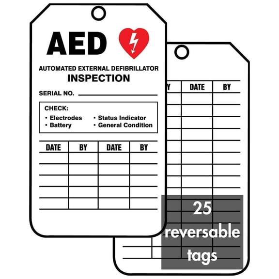 AUTOMATED External DEFIBRILLATOR Inspection" Pack of 25 PF-Cardstock Inspection Record Tags, 5.75" x 3.25", Red/Black on White, TRS345CTP