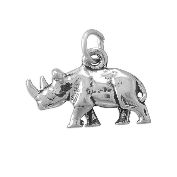 Rhino Rinoceros Charm Two Horns 3D Antiqued Finish Sterling Silver
