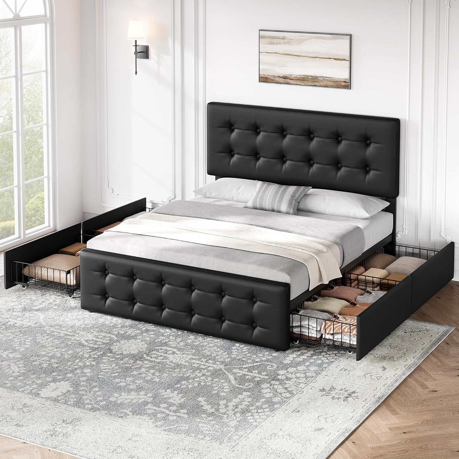 Memoryfield Full Size Bed Frame with 4 Storage Drawers and Headboard, Faux Leather Upholstered Platform Bed Frame with Wooden Slats Support, No Box Spring Needed, Black