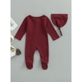 thumbnail image 5 of Baby Boys's Girl's Romper Set, 3M 6M Round Neck Long Sleeve Button-Down Ribbed Feet Wrap Jumpsuit + Hat, 5 of 9
