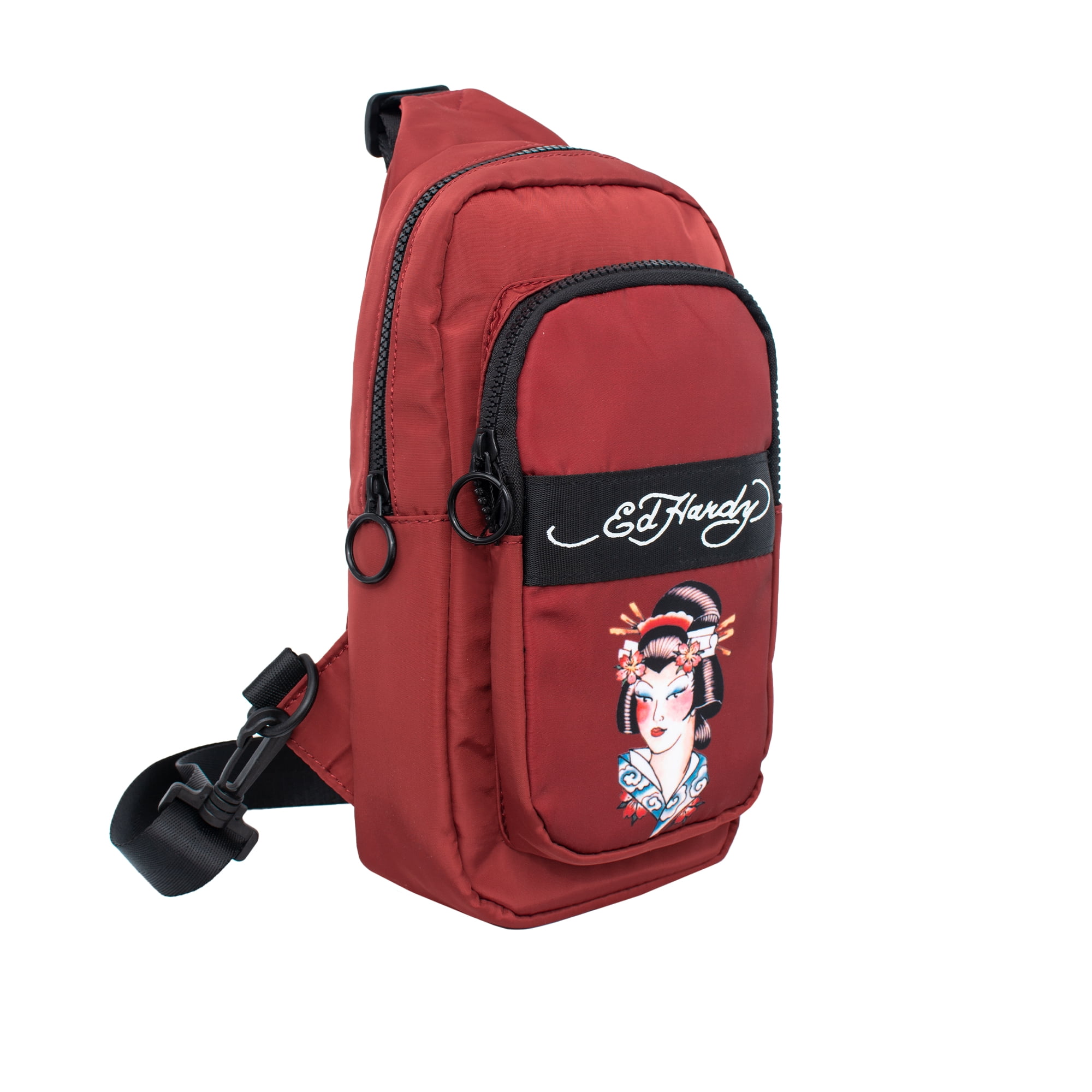 Ed Hardy Unisex Nylon Geisha on Burgundy Sling Messenger Bag with Adjustable Strap